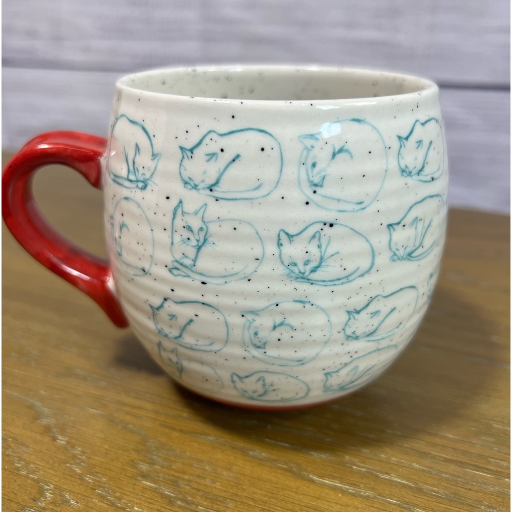 Anthropologie Sleeping Cats Mug Cup ~ Leah Reena Goren Red Handle Base Teal Cats